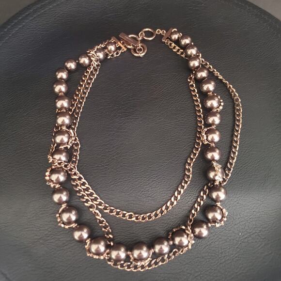 Givenchy Triple Strand Necklace Bronze Tone Beads with Crystal Accents Toggle‎ - Picture 2 of 12